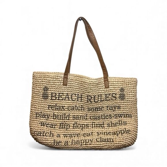 Straw Beach Shoulder Bag Purse Tote "Beach Rules" CUTE 20x14 - Picture 2 of 5